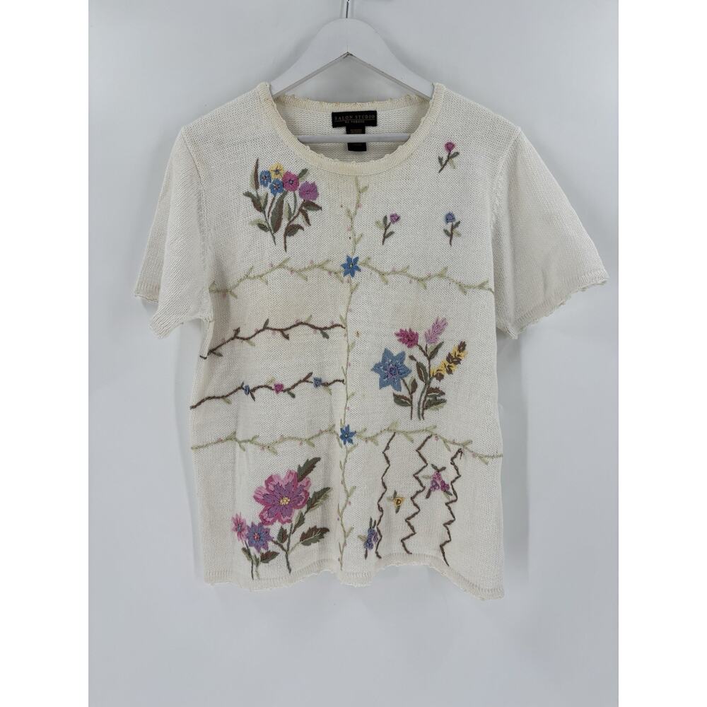 Salon Studio Haband Vintage Sweater Womens Large White Floral Embroidered Knit